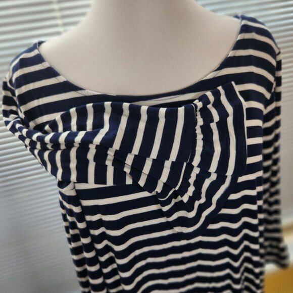 Green Envelope $55 1X Navy White Stripe Ruffle Cuff Stretch Knit Tunic Top - Picture 2 of 8